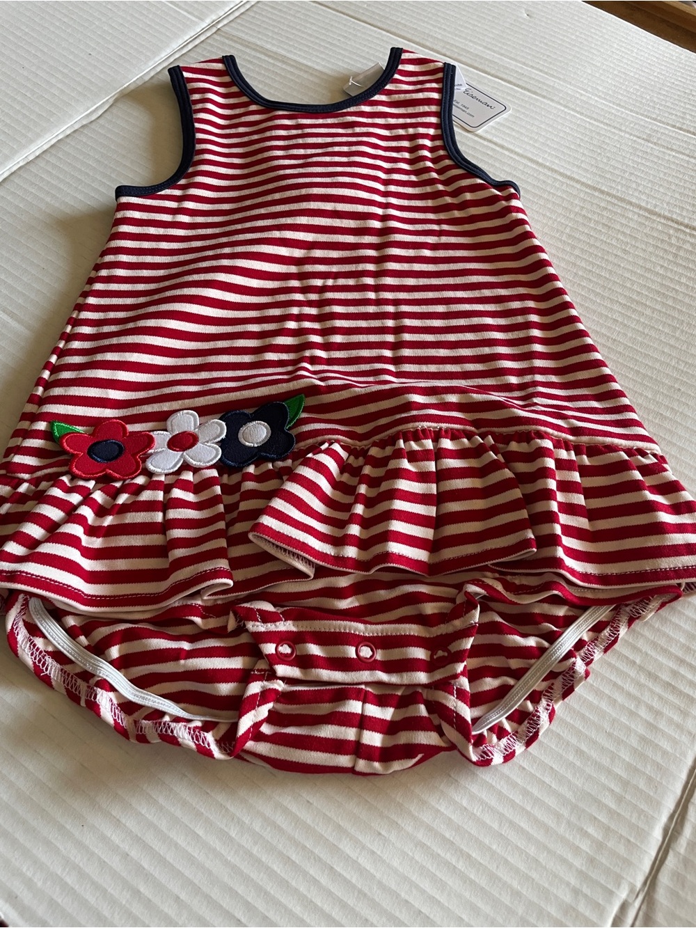 Florence Eiseman NWT Red & White Striped Baby Dress Romper with Floral Applique